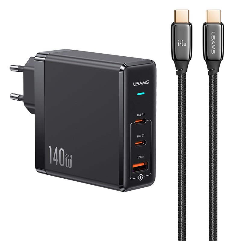 USAMS USAMS-UM Series Fast Charger Kit Dual USB-C USB-A 3 Ports 140W ACC GaN Fast Charger with 240W Type-C to Type-C Cable USAMS USAMS-UM Series Fast Charger Kit Dual USB-C USB-A 3 Ports 140W ACC GaN Fast Charger with 240W Type-C to Type-C Cable